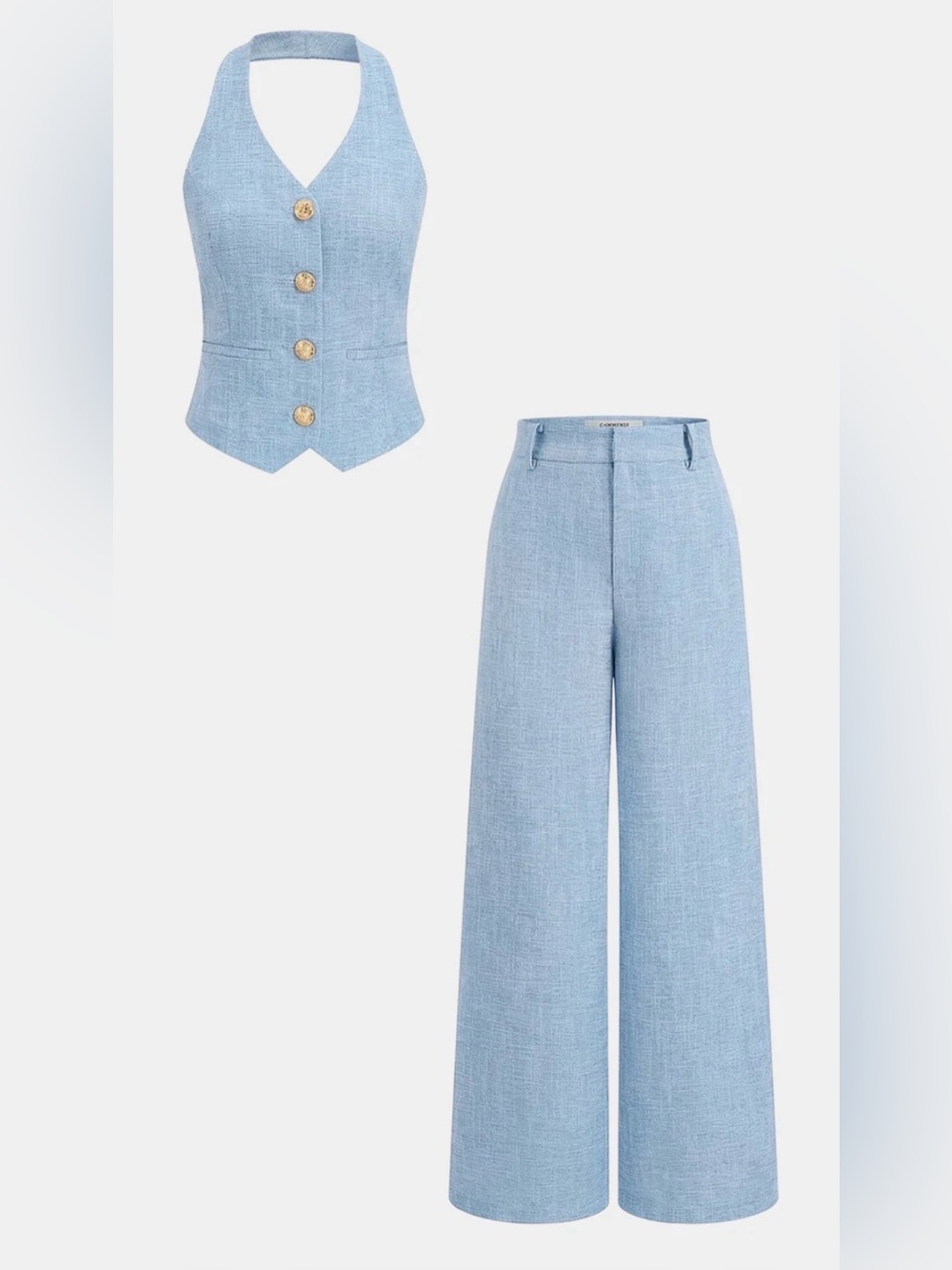 Commense Halter Vest & Wide Leg Pants Set Woven in Blue Size L
